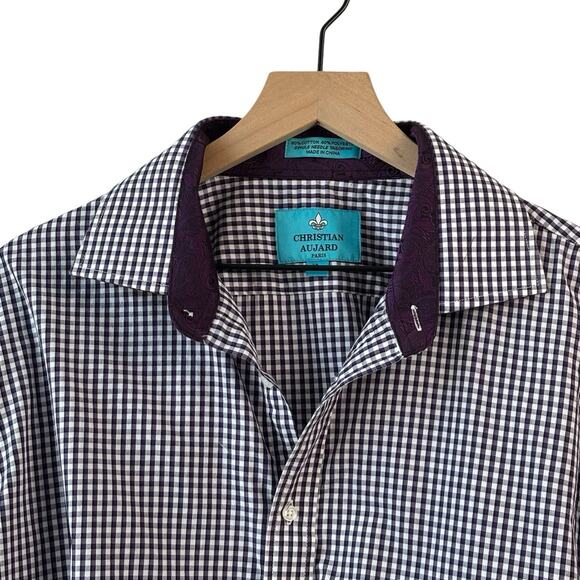Christian Aujard Mens Shirt XL Purple Check Button Up Plaid Paisley Flip Cuff - Picture 3 of 7